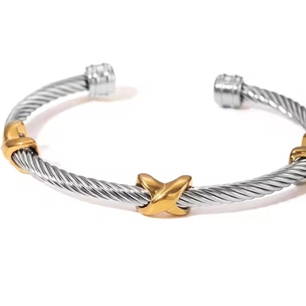 Two-Tone Silver Cable Cuff with Gold X Details - Picture 3 of 5